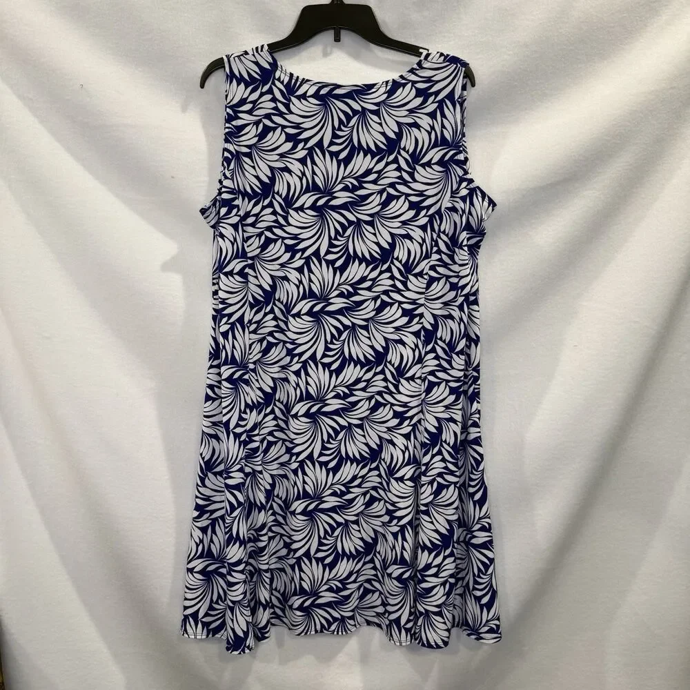 Susan Graver Blue White Tropical Palm Leaf Print Sleeveless Midi Dress 1X - Picture 2 of 7